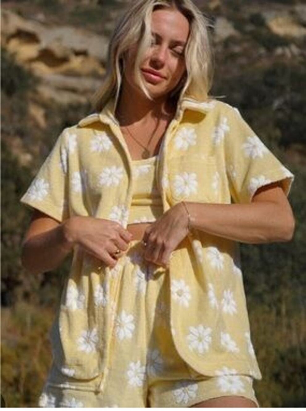 Yllw The Label Salty Terry Daisy Print Terry Cloth Button Down Shirt Yellow S